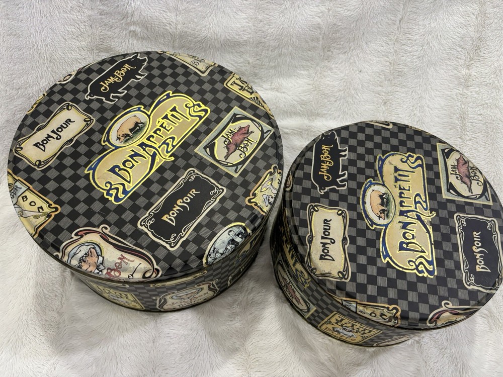Two Department 56 Round Jam Bon Pig Tin Boxes