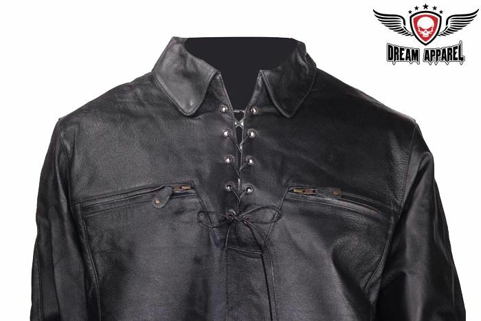 Men's Motorcycle Pullover Collared Leather Shirt with Lacing & Multiple Pockets