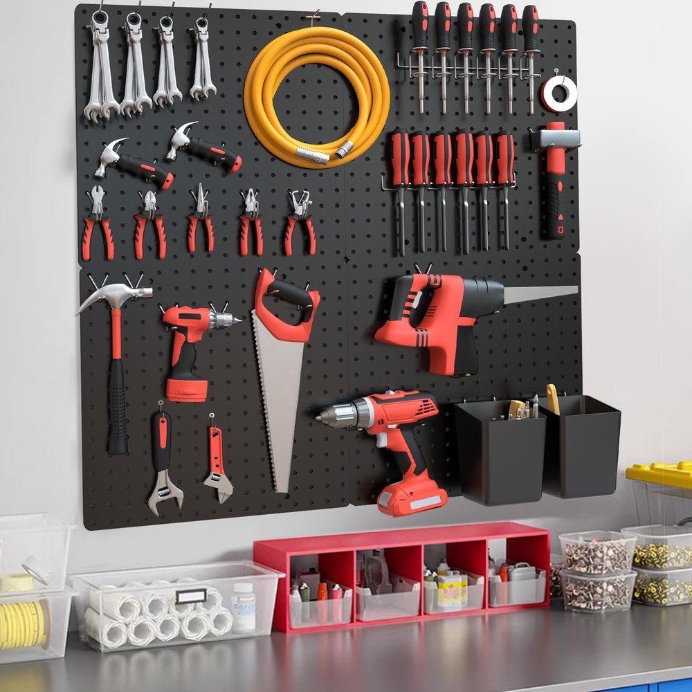 FZK Peg board Kit, Peg Board with Hooks, Includes 4 Black Pegboards and Acces...