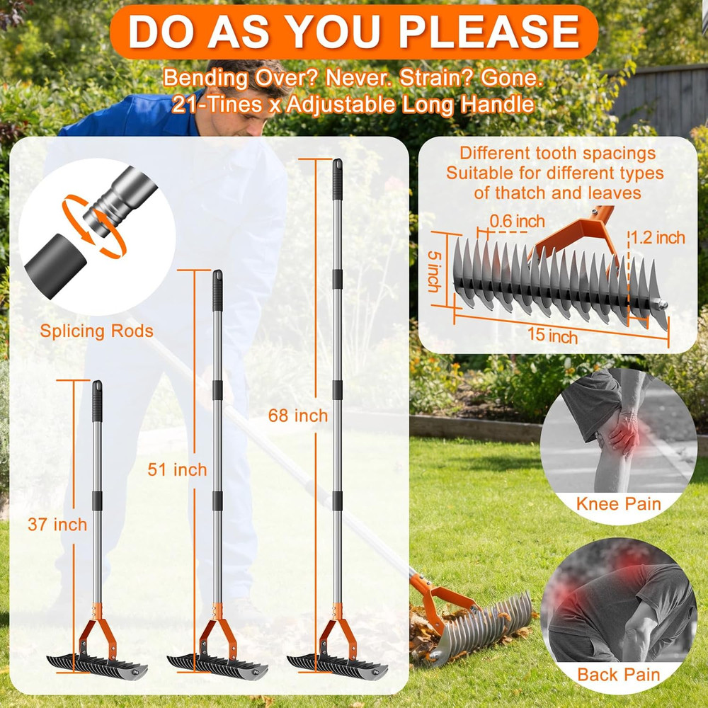 Adjustable 68" Thatch Rake with Dual-Action Tines for Lawn Dethatching