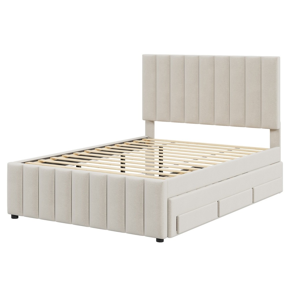 Full Size Bed Frame Linen Upholstered Platform Bed w/ Trundle Bed & 3 Drawer