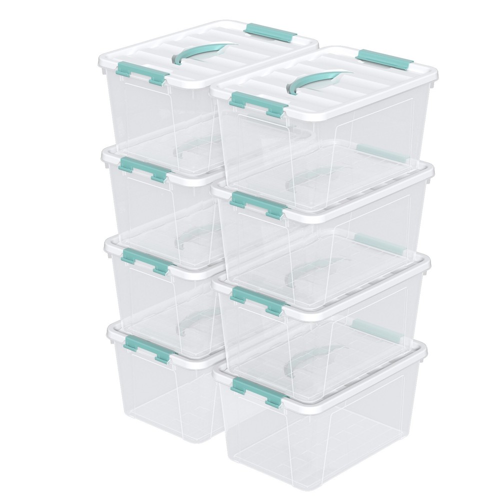 14 Qt Stackable Plastic Storage Bins with White Lids, 8 Packs, Clear