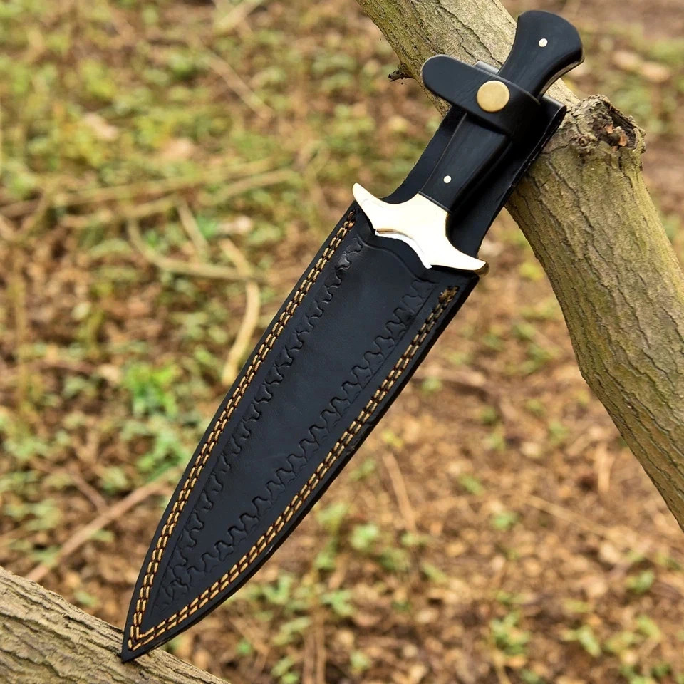 Fixed Blade Knife Symmetrical Double Edge Polished Finish Black Handle + Sheath