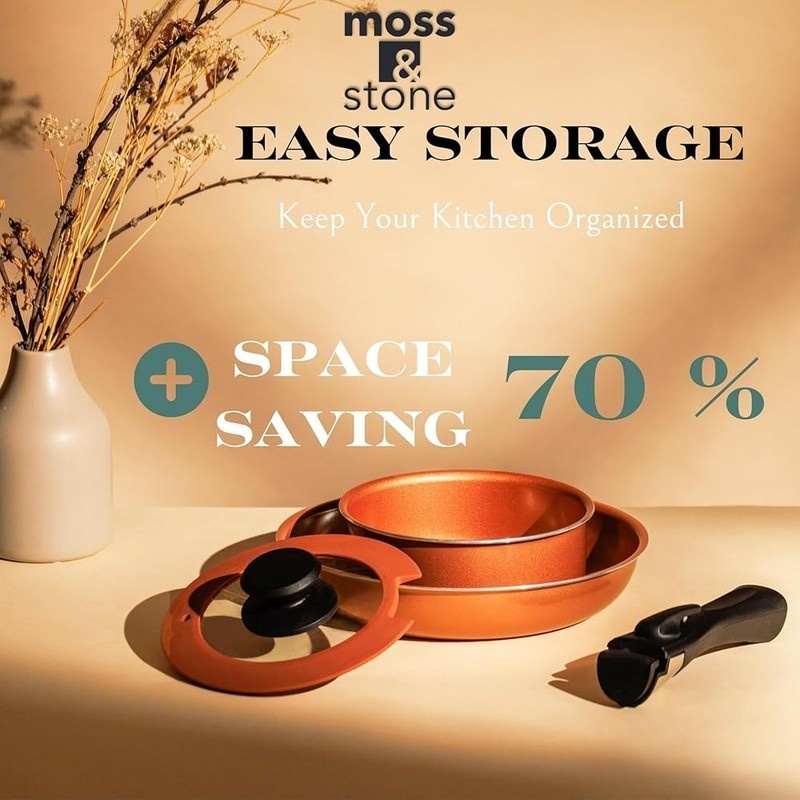 Nonstick Copper Pots & Pans Set Removable Handle Stackable Cookware 7 Pcs New
