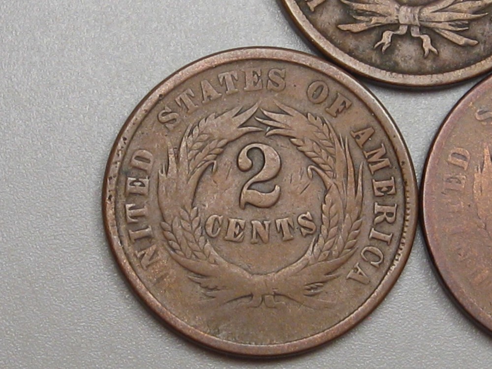 3-US 2¢ Two Cent Piece 1864, 1865, 1867.