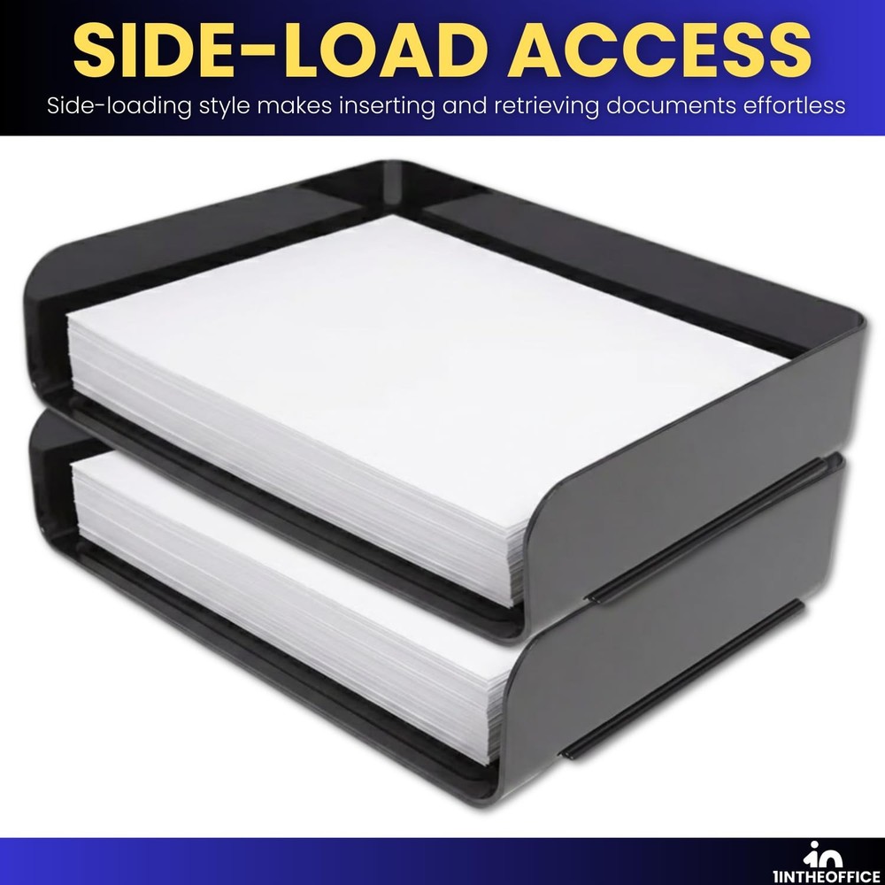 2-Tier Letter Tray Desk Organizer, Stackable, Side Load, Black, 2 Pack