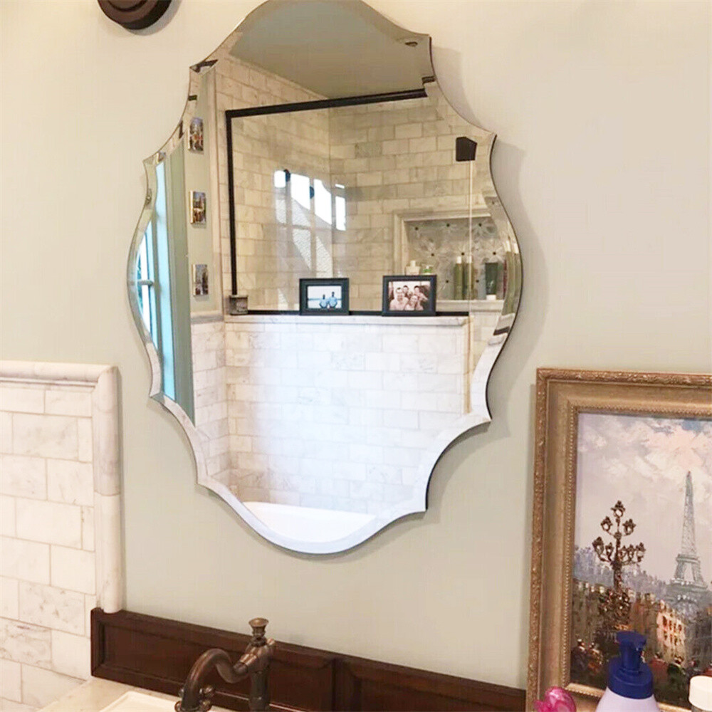 Scalloped Edged Oval Wall Mirror Frameless Wide Beveled Statement Accent Decor