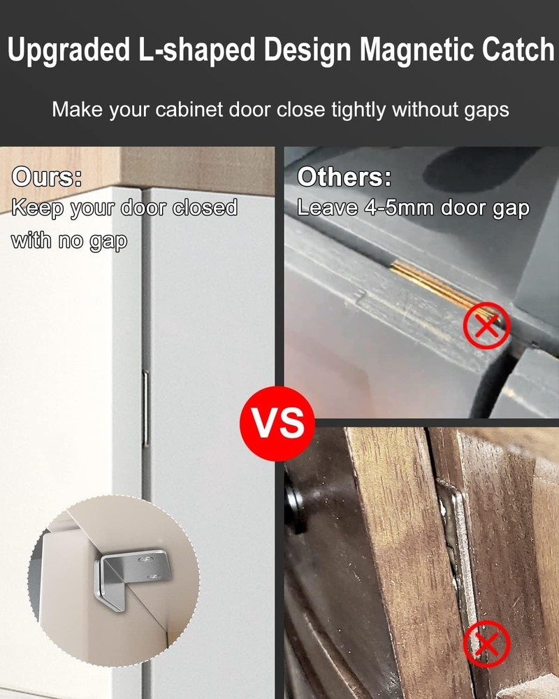 Ultra-Thin Magnetic Cabinet Catches - 4 Pack L-Shaped Adhesive Closing System