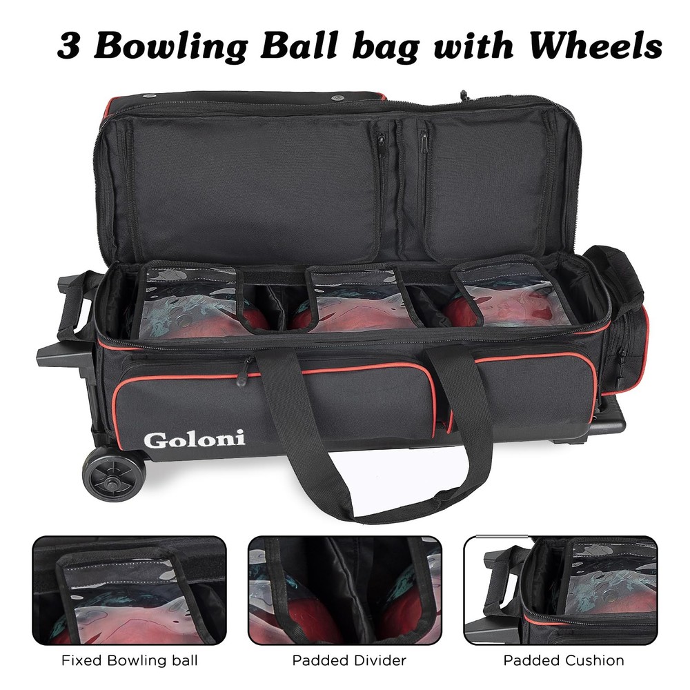 Rolling Bowling Bag for 3 Balls & Accessories with Retractable Handle
