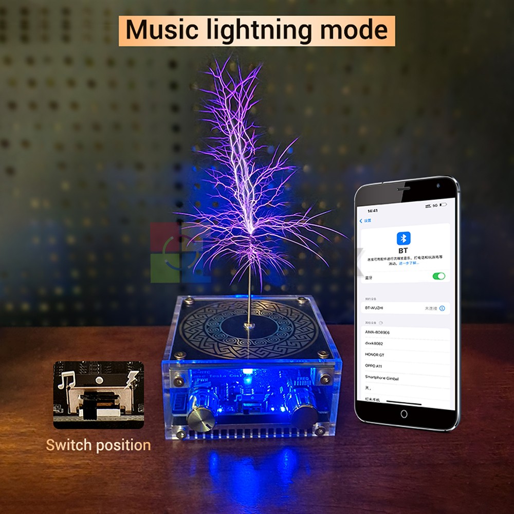 Music Tesla Coil 2Mode Artificial Lightning Touchable BT Decoding Colorful Light