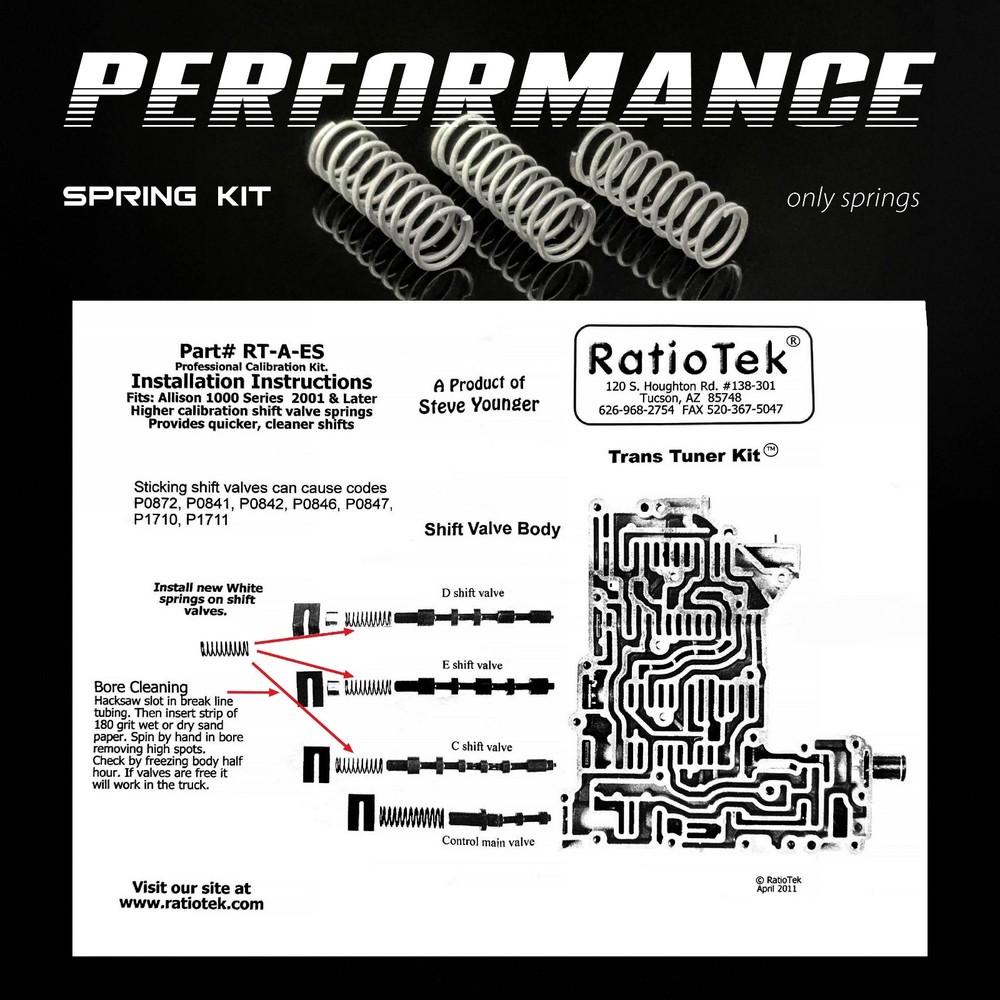 RATIOTEK PERFORMANCE SHIFT VALVE SPRING KIT FOR ALLISON 1000 TRANSMISSION-D,E,C