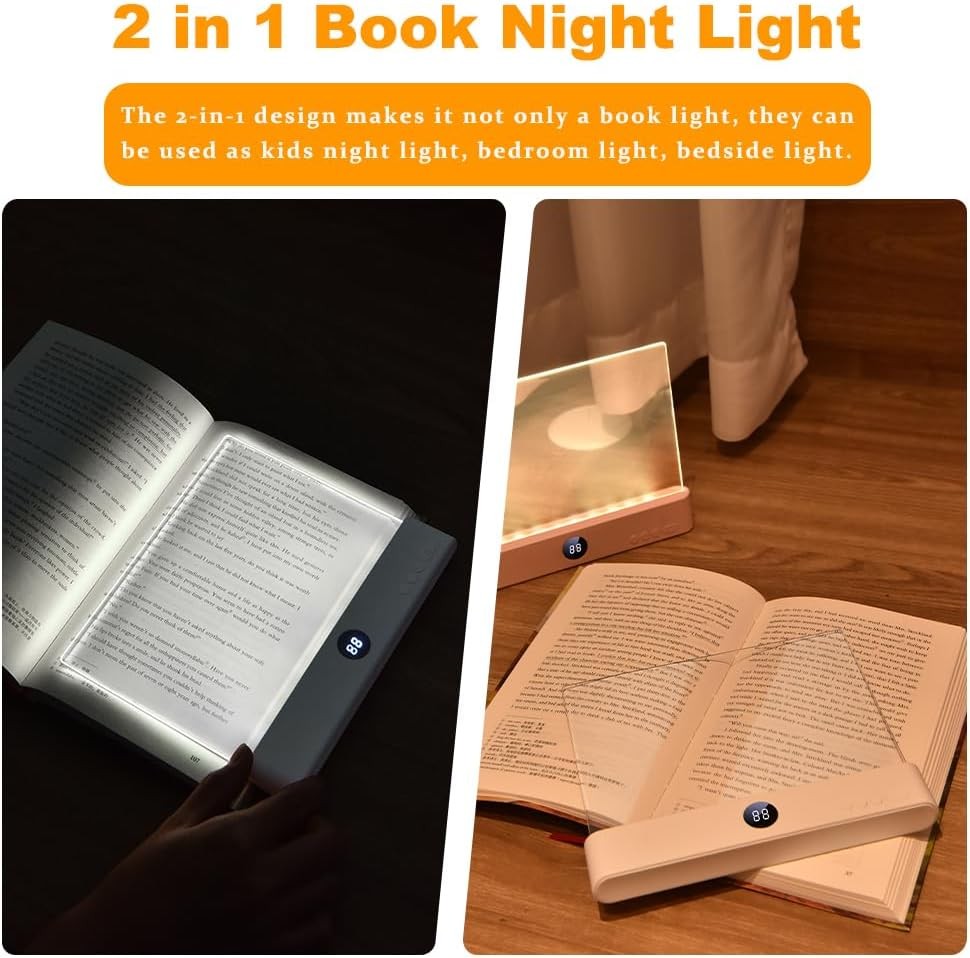 Pink Rechargeable LED Book Light 3-Color Adjustable Flat Panel w/ Timer