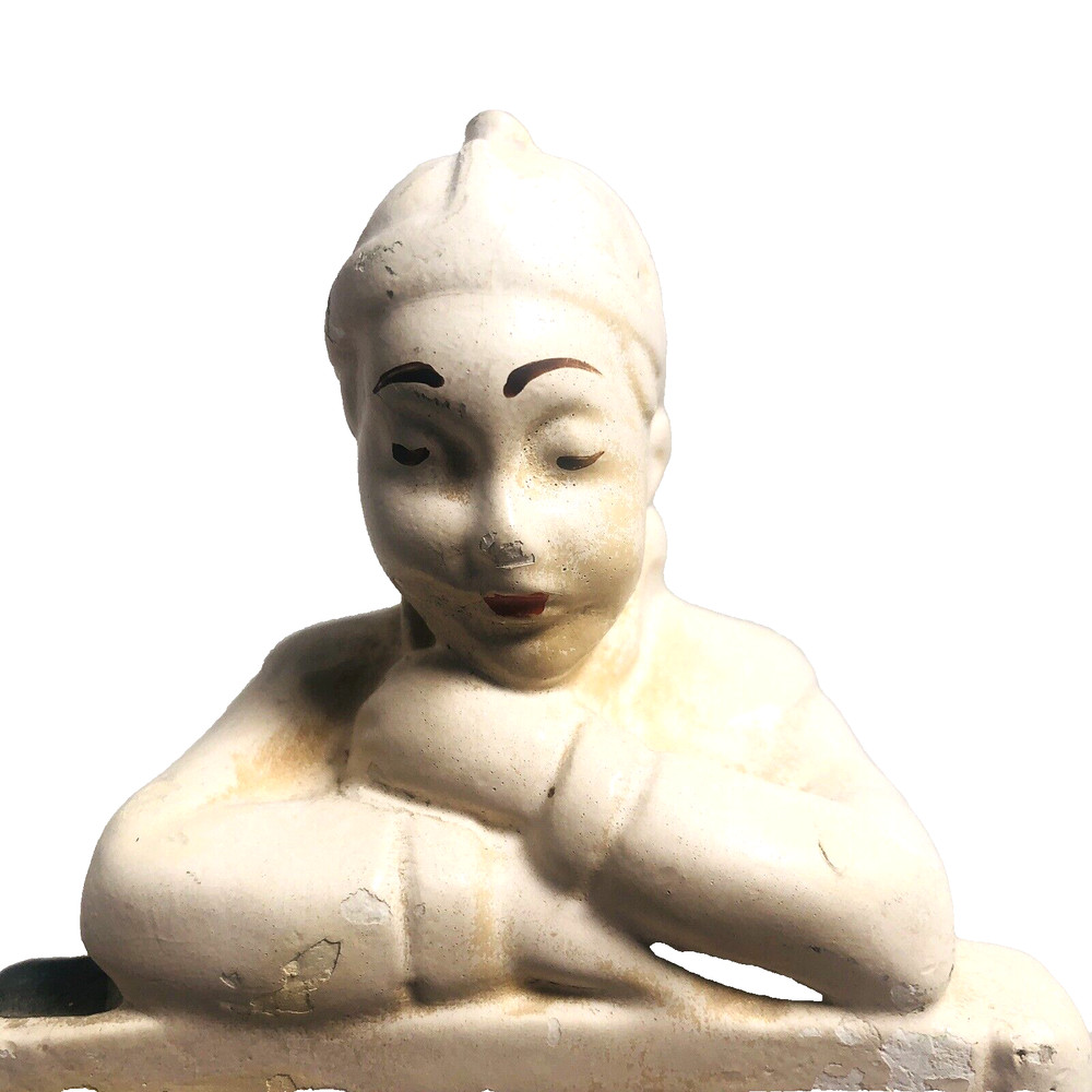 Vintage Chalkware Bookend MCM Chinese Boy Kneeling Plaster 9"