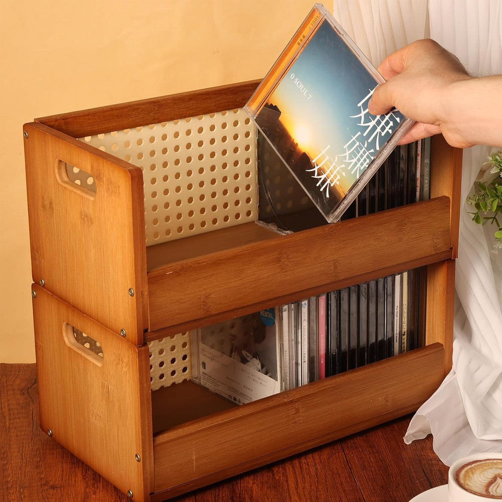 2 Set Bamboo CD Storage Box, Stackable CD Holder Racks Organizer Shelf for Movie