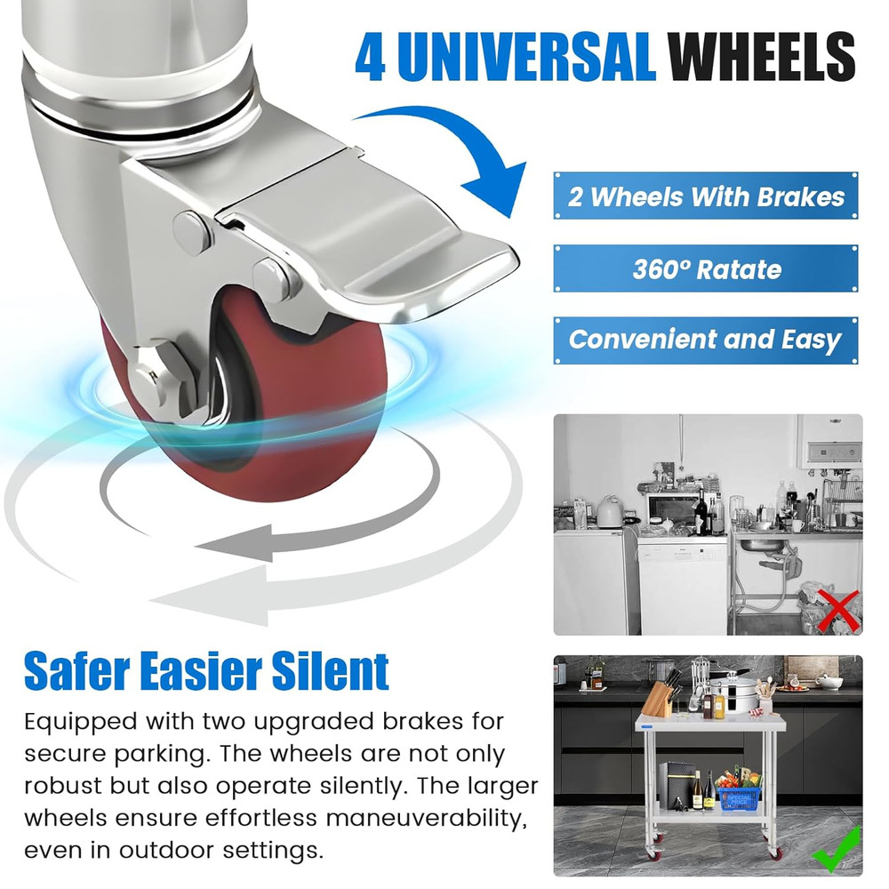 Stainless Steel Table for Prep & Work with 4 Caster Wheels with Adjustable Under