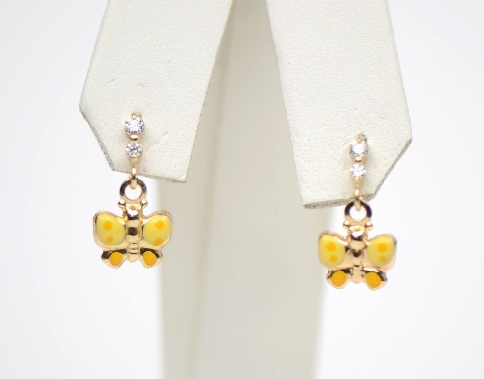 14K Solid Yellow Gold Butterfly Dangle Earring with Enamel