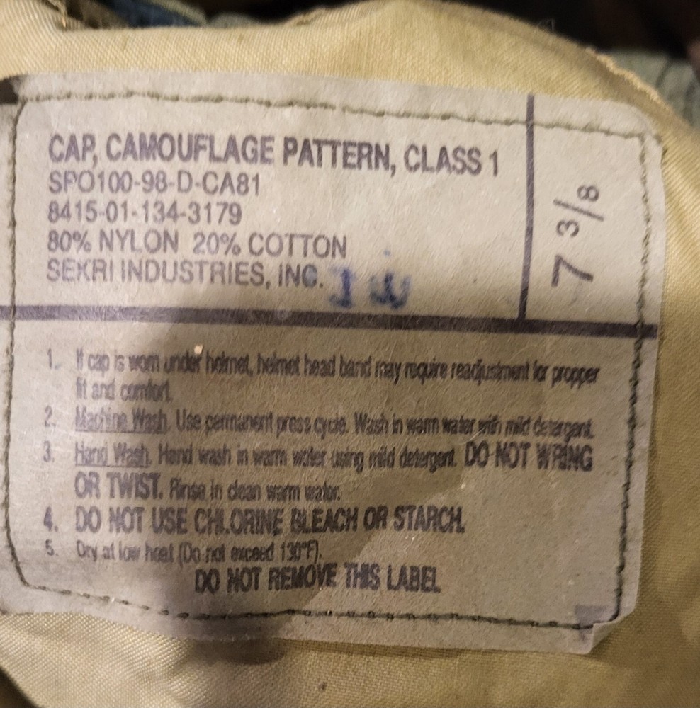 US Military Cap Camouflage Pattern Class 1 Size 7 3/8 Sekri Industries