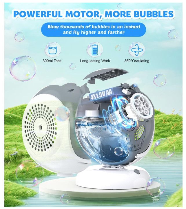 Bubble Machine - Automatic Bubbles Blower for Kids, Toddlers - 360° Oscillation