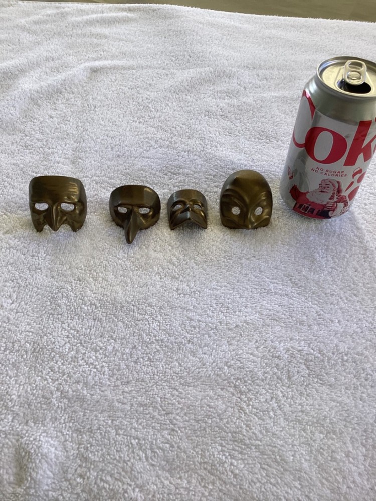 4 VINTAGE SOLID BRASS MINI Medieval MASK 2in TALL.