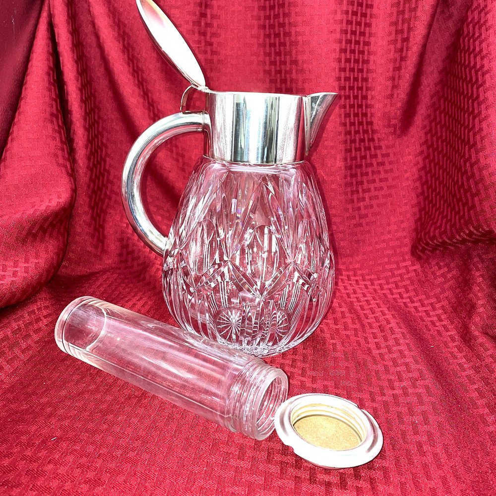 VINTAGE LARGE CRYSTAL COOLING PITCHER SILVER HANDLE AND LID
