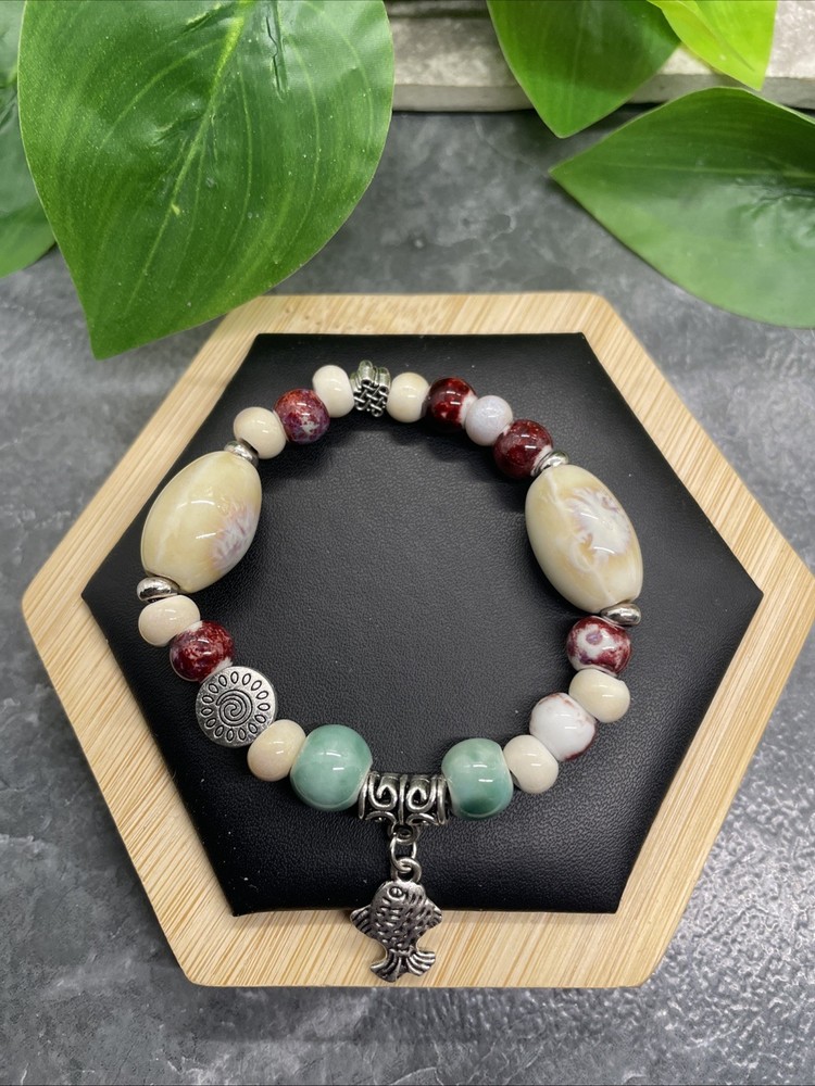 Handmade Ceramic Bead Beaded Stackable 6” Plus Stretch Bracelet New B288