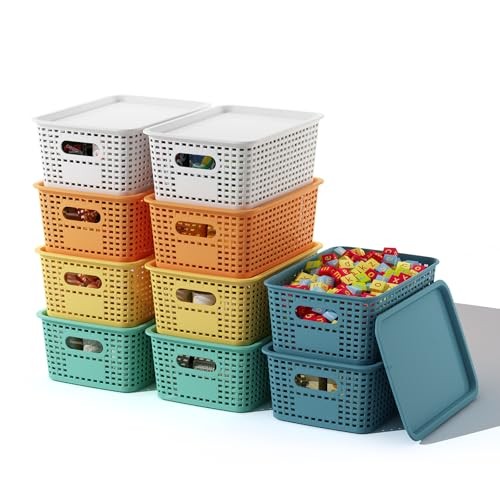 Plastic Storage Basket with Lids Stackable Storage Bins 10 Pack Colorful