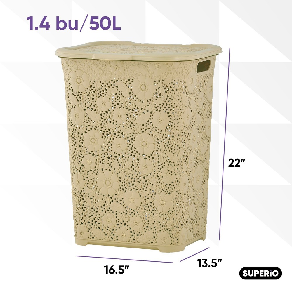 Plastic Laundry Hamper with Lid, Lace Style - Beige, 50 Liter (2 Pack)
