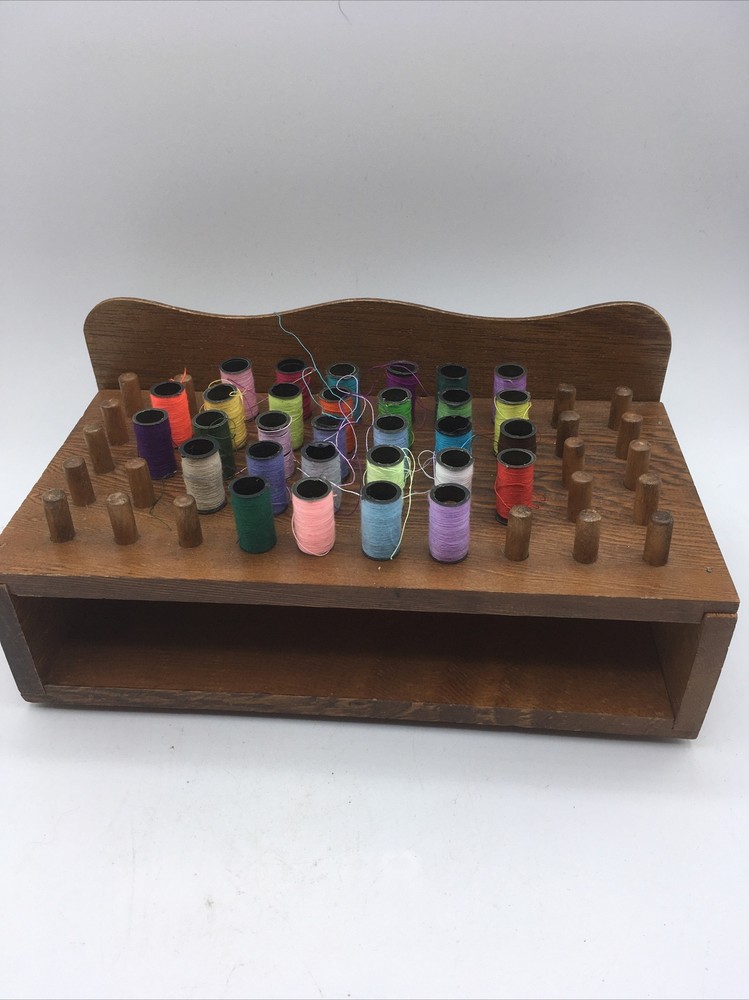 vtg wood thread bobbin organizer sewing kit storage