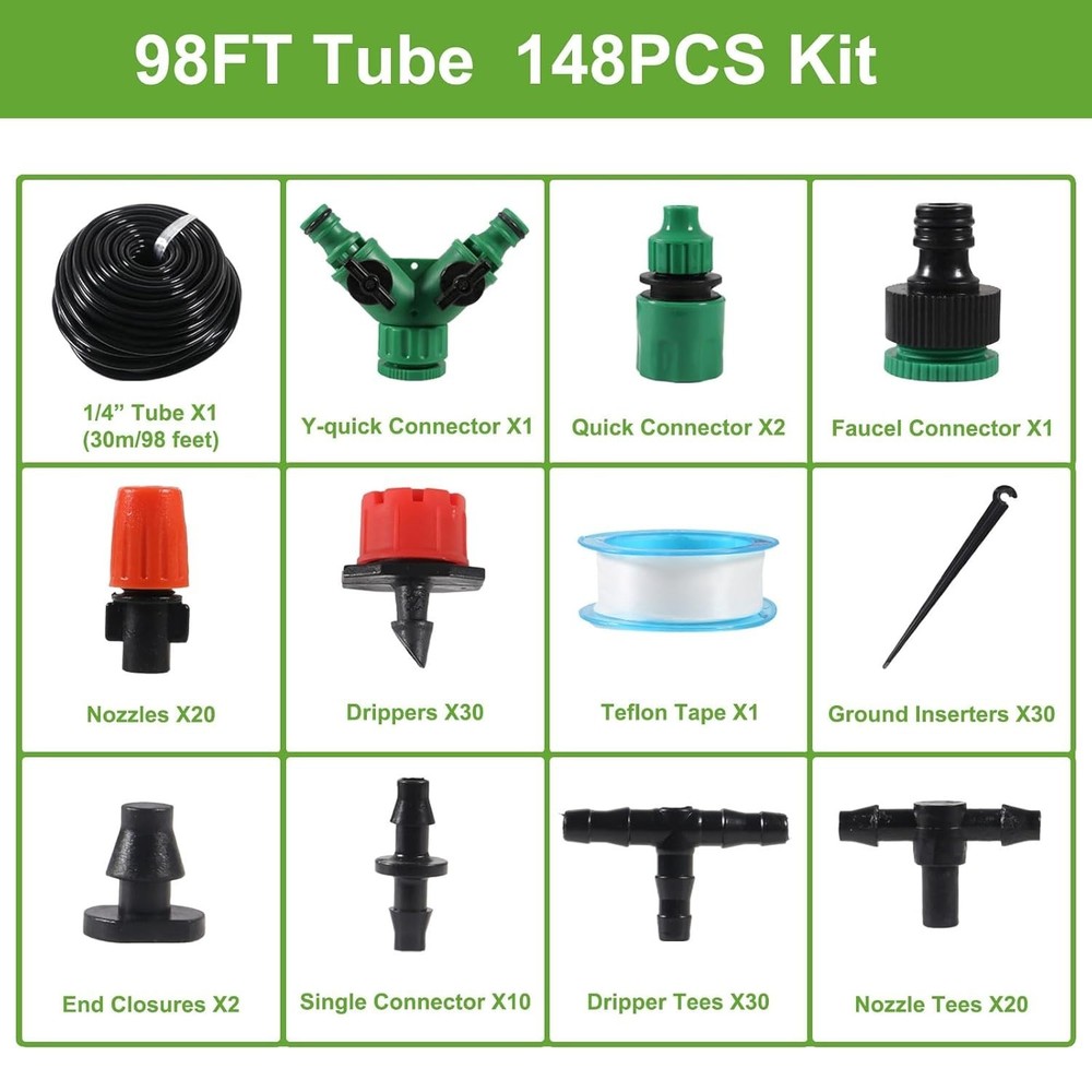 Efficient 98FT Drip Irrigation Kit with Quick Connectors & Water-Saving Design
