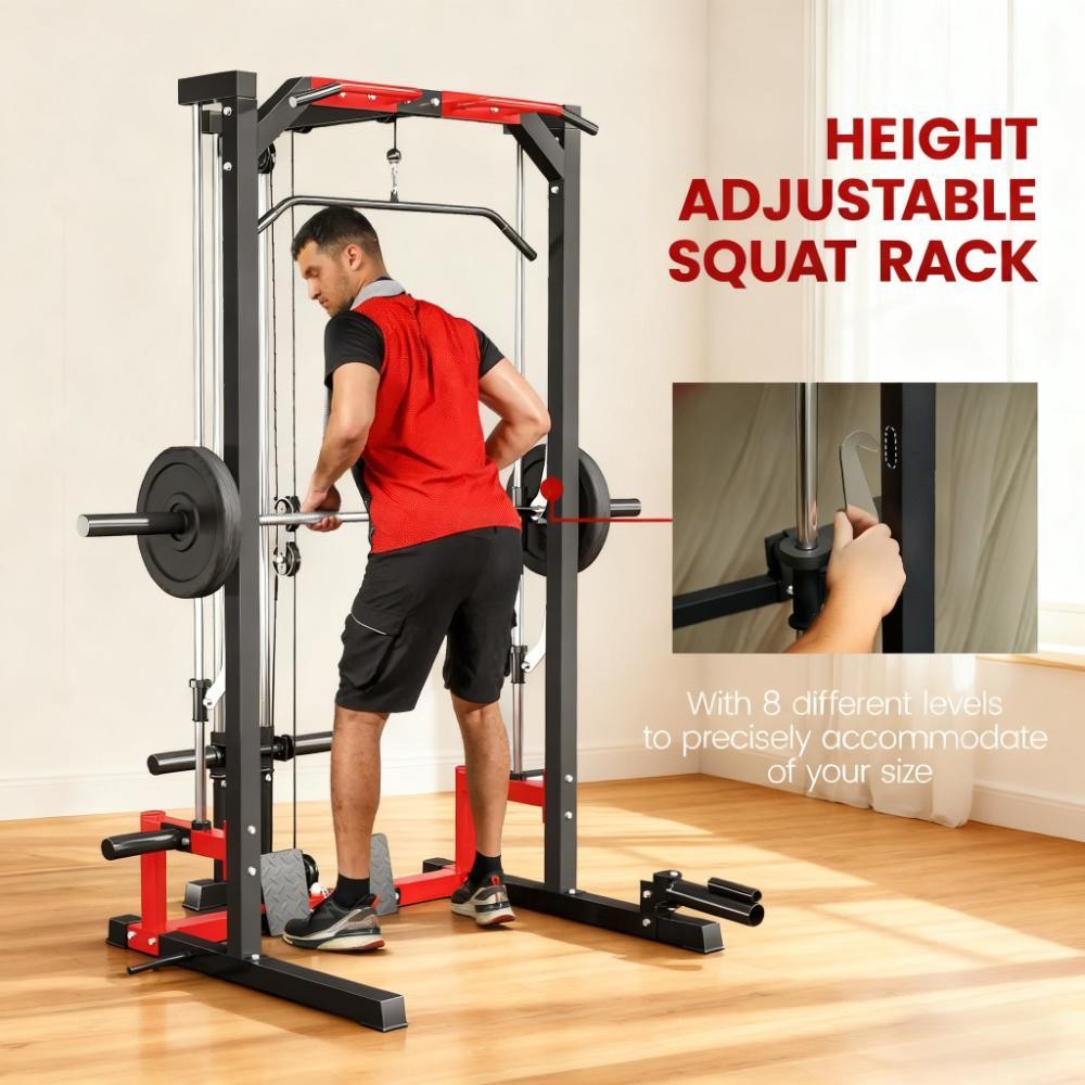 Power Cage Squat Rack w/ Lat Pulldown, Pull Up Bar, Landmine - 132lb Capacity