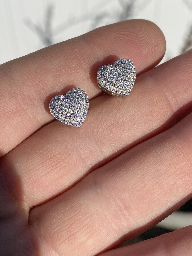 Solid 925 Sterling Silver Iced Heart Stud Earrings Moissanite Pass Diamond Test
