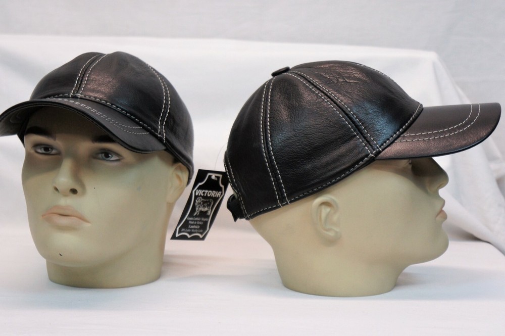 Black 100% Genuine Real Lambskin Leather Baseball Cap Hat Visor WHITE THREAD NWT
