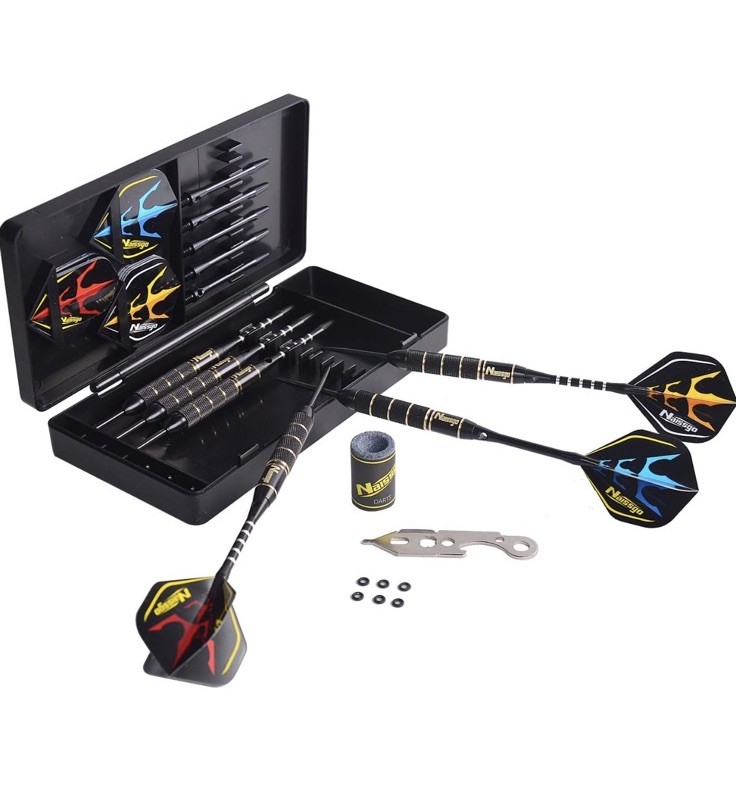 6 Piece 2 Color Steel Tip Dart Set, Case, Sharpener, Key