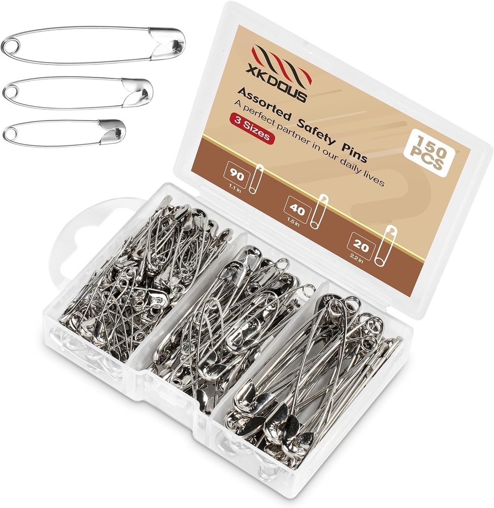 150 Assorted Safety Pins Heavy Duty Silver