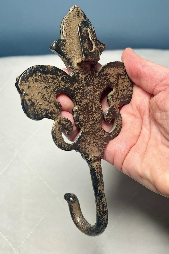 Metal Wall Hook Set 2 Curtain Tie Back Hook Fleur De Lis Rustic Heavy 8”