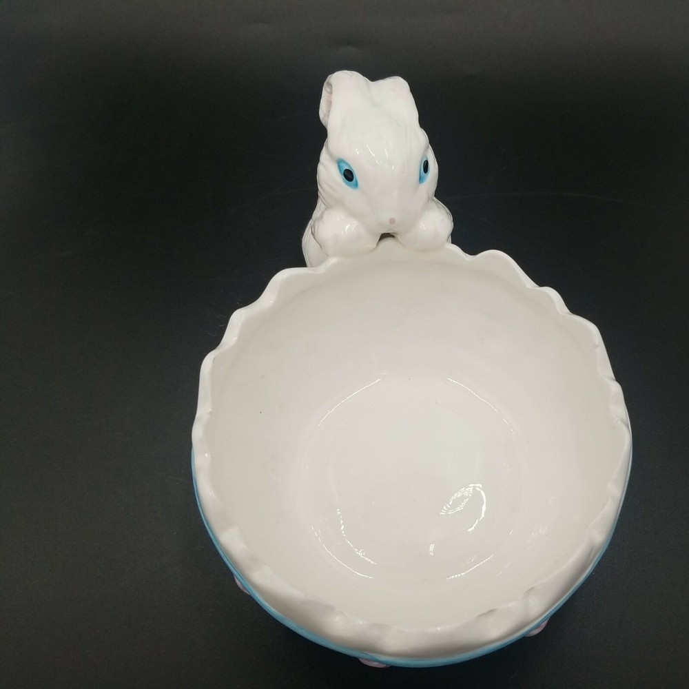 Easter Bunny Looking into Cracked Egg Planter w/Pink Flowers