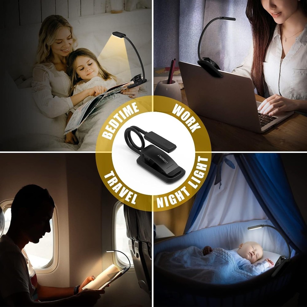 Book Light, Rechargable Reading Light, LED Light with 6 LEDs & 3 Brightness