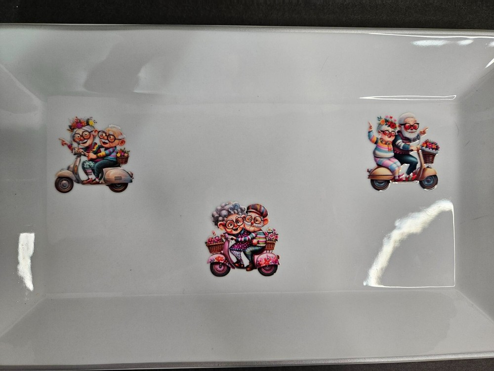 Platter & 4 Plates - Whimsical Fun Applied Images on White Ceramic