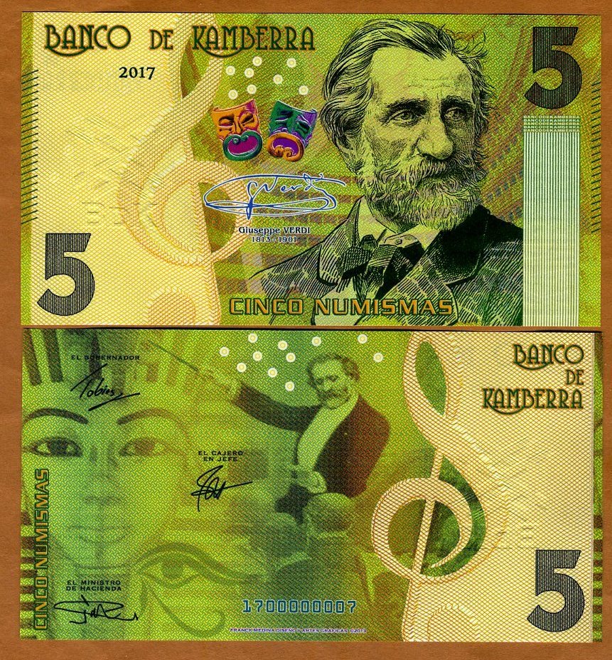 Kamberra, 5 Numisms, 2017, UNC Giuseppe Verdi Completely Redesigned in 2013