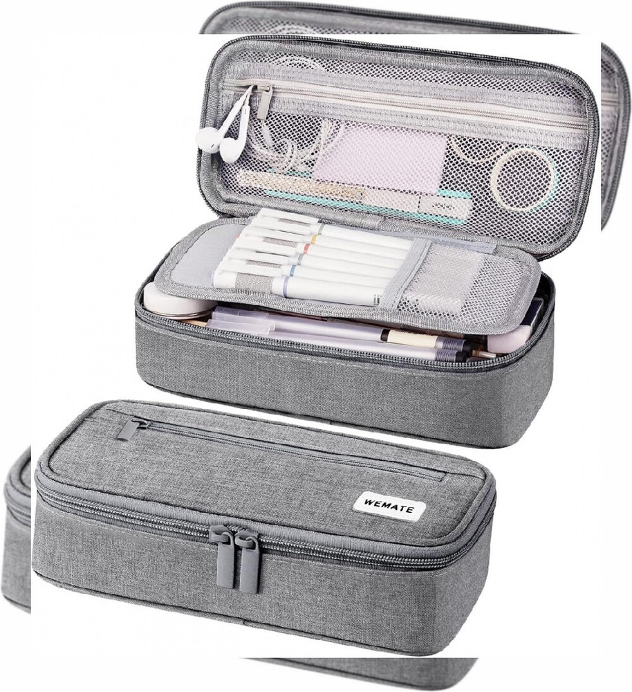 WEMATE Large Pencil Case, Pouch with Zipper Compartments, Light Grey