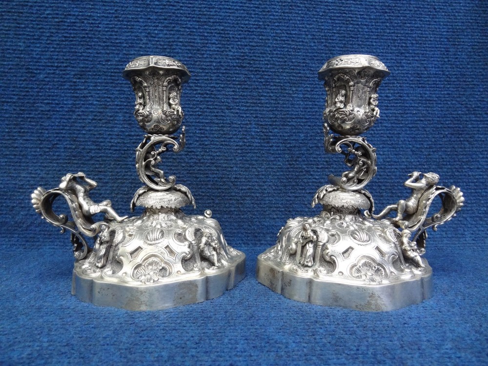 Silver candlesticks (walking) Medieval style 19-20th C. C-scroll Pan with flute