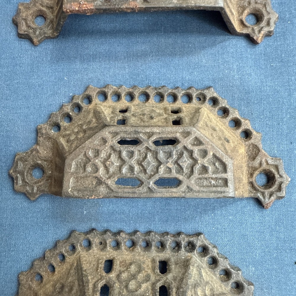 6 Antique Victorian Eastlake Pierced Cast Iron Bin Drawer Pulls Cup Drawer Pulls