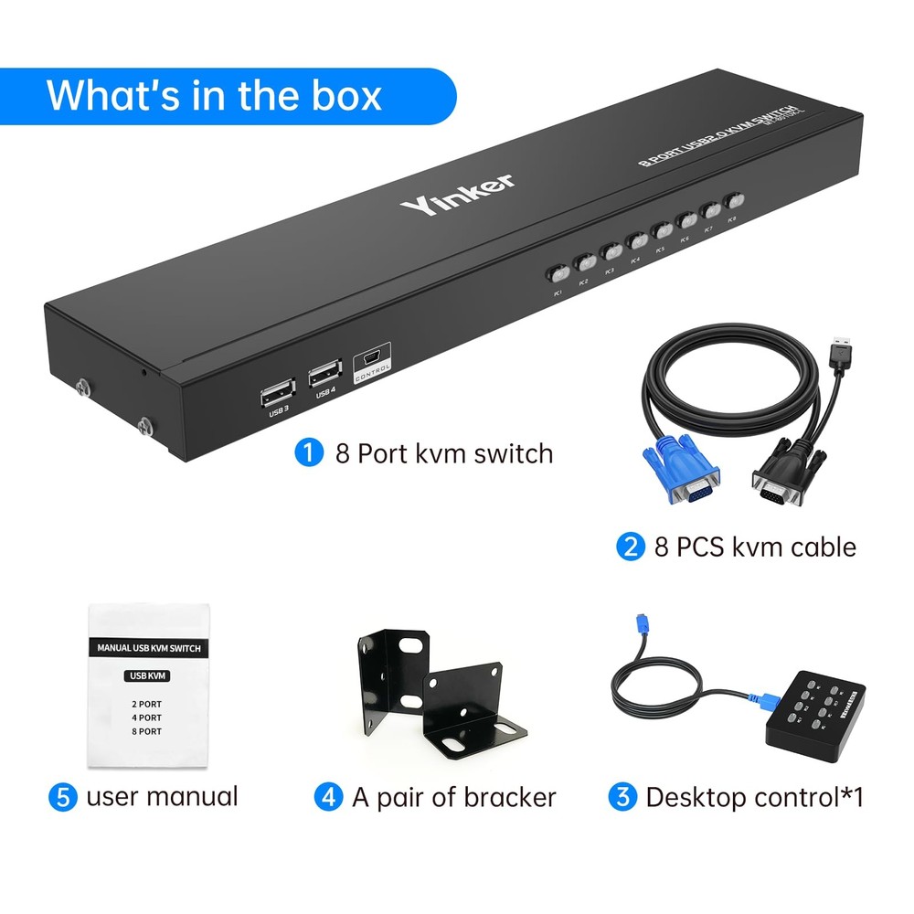 Yinker VGA KVM 8 Port Rackmount Switch + 8 KVM Cables + 4 USB Hubs + Wired De...