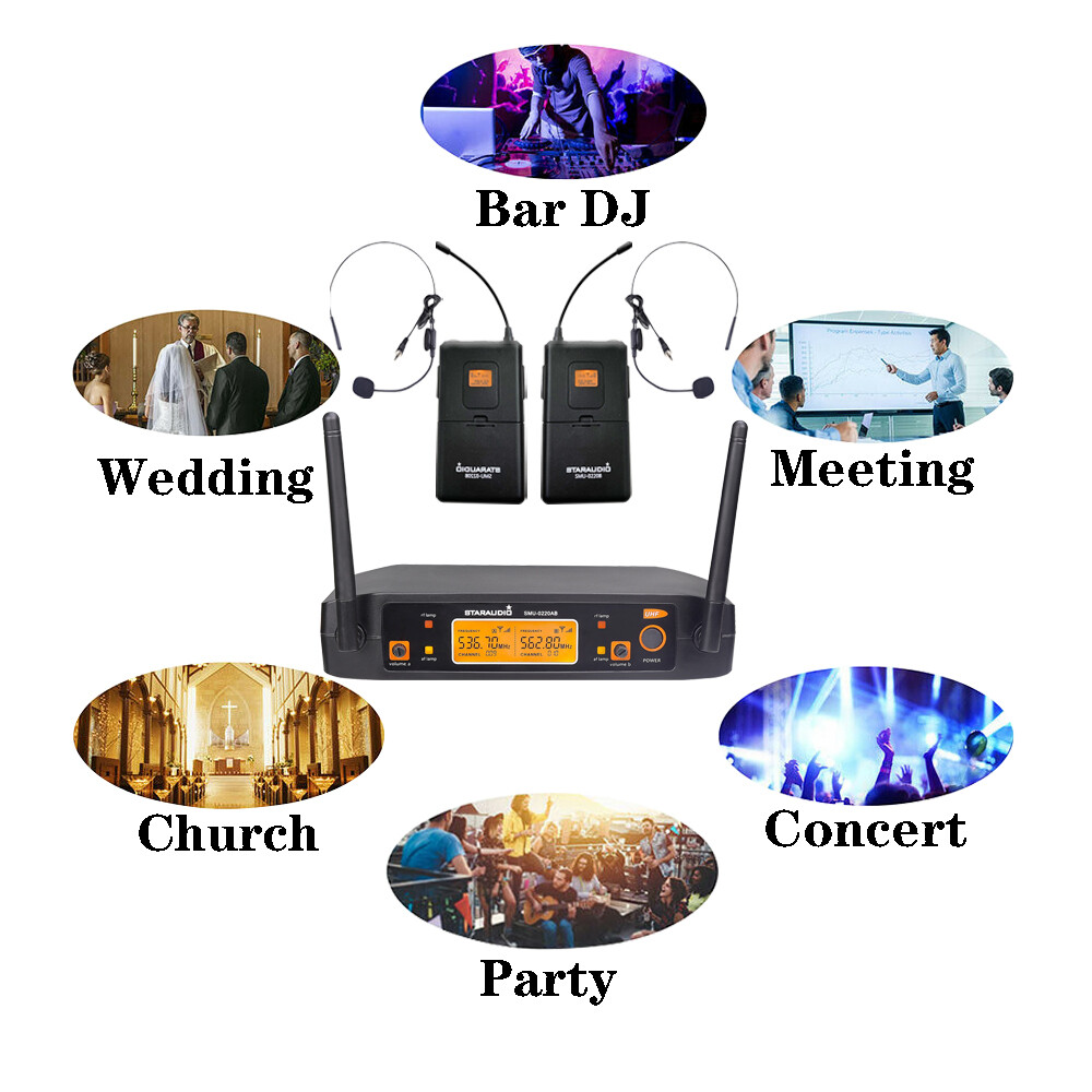 UHF Wireless Microphone Lavalier Lapel Mic Dual CH Receiver Transmitter Headset