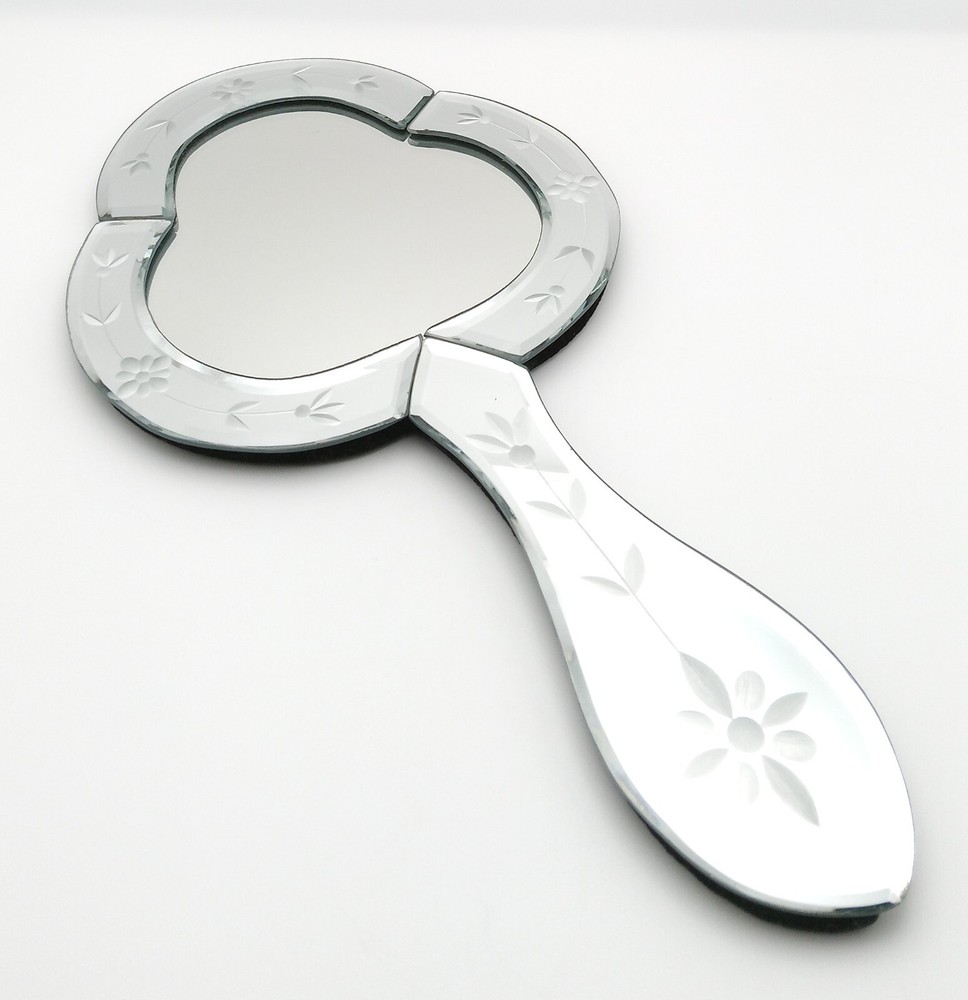 Vintage Handheld Etched Beveled Edge Mirror Vanity