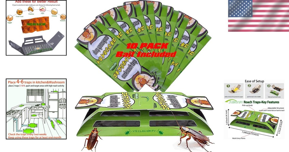Classic Glue Cockroach Traps - 10 Pack, Safe & Highly Effective for Quick Setup