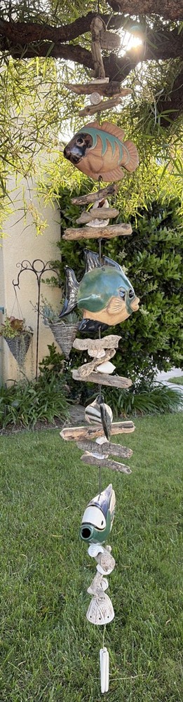 Hazel Olsen Attributed Driftwood Fish Pottery Shells Wind Chime Wall Hanging