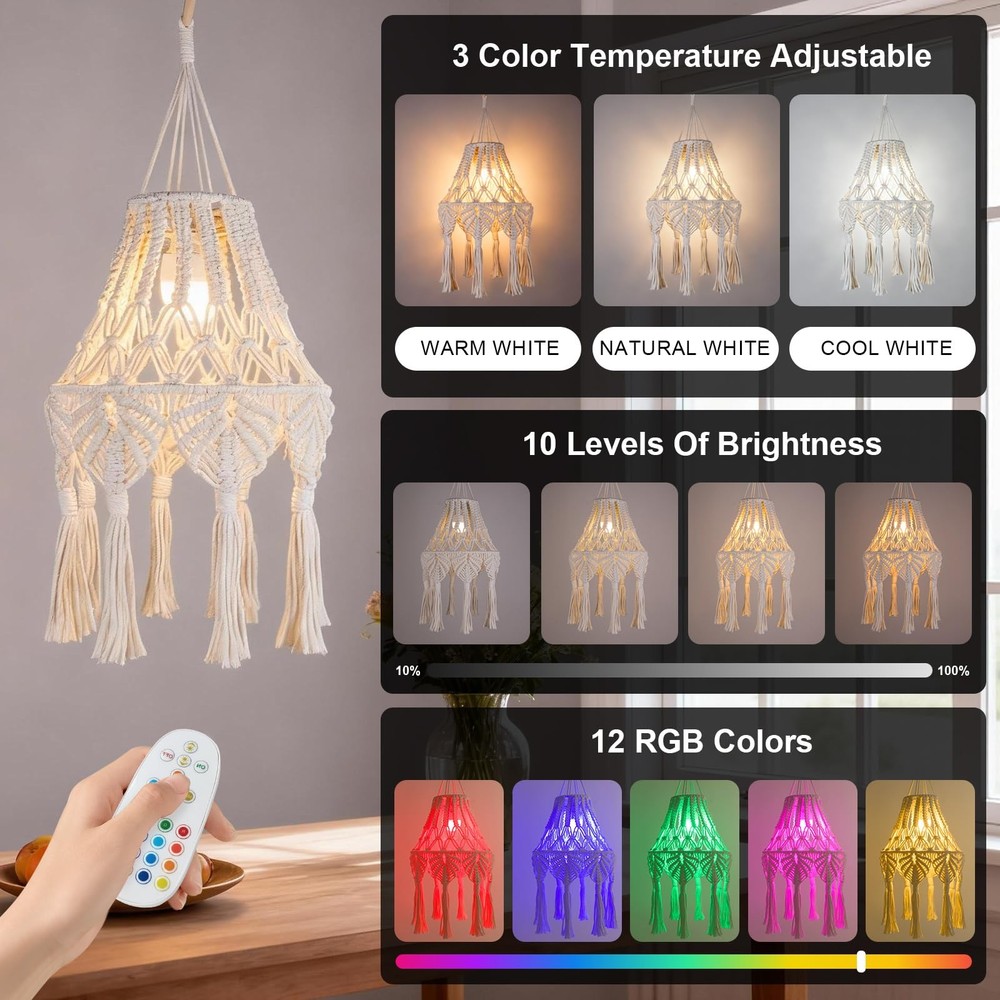 Boho Chic Macrame Pendant Lights with Tassels, Remote Control Dimmable Timer ...
