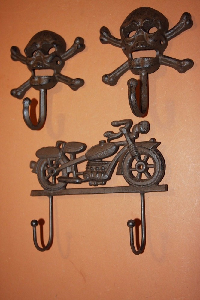 (3)pcs, Vintage Motorcycle Wall hook, Biker Garage Wall Decor, Solid Cast Iron