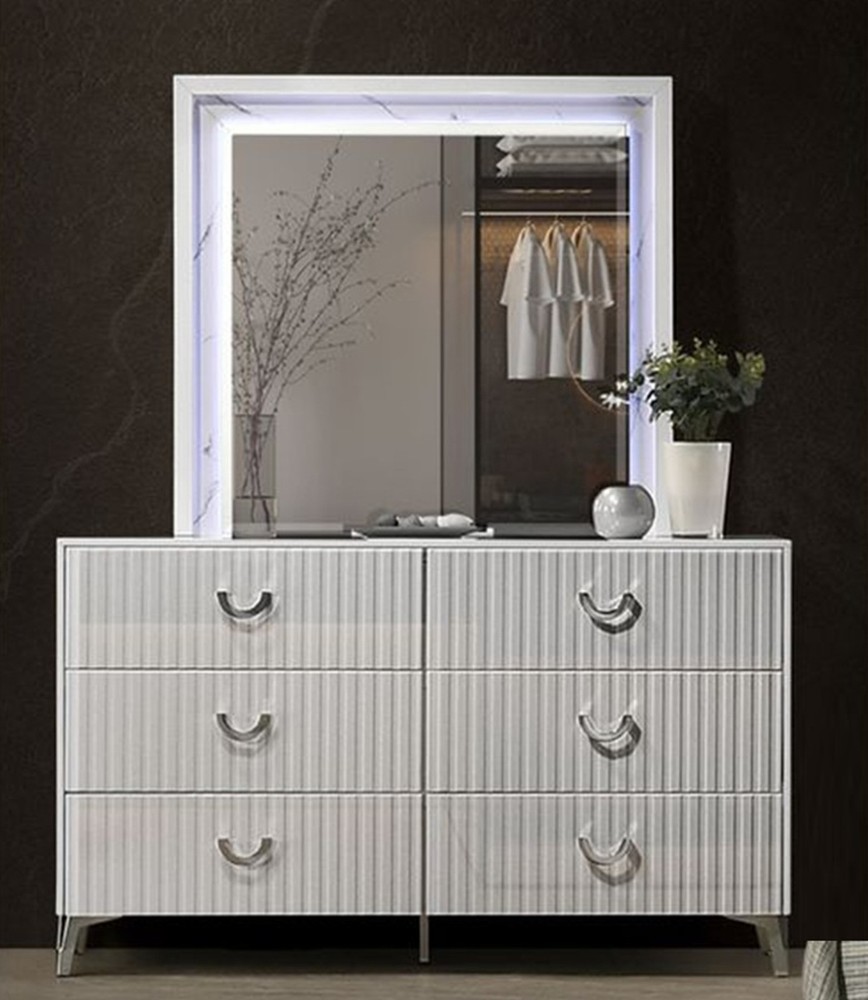 Modern 5pc LED Light Upholstered Headboard King Bed Bedroom Set White